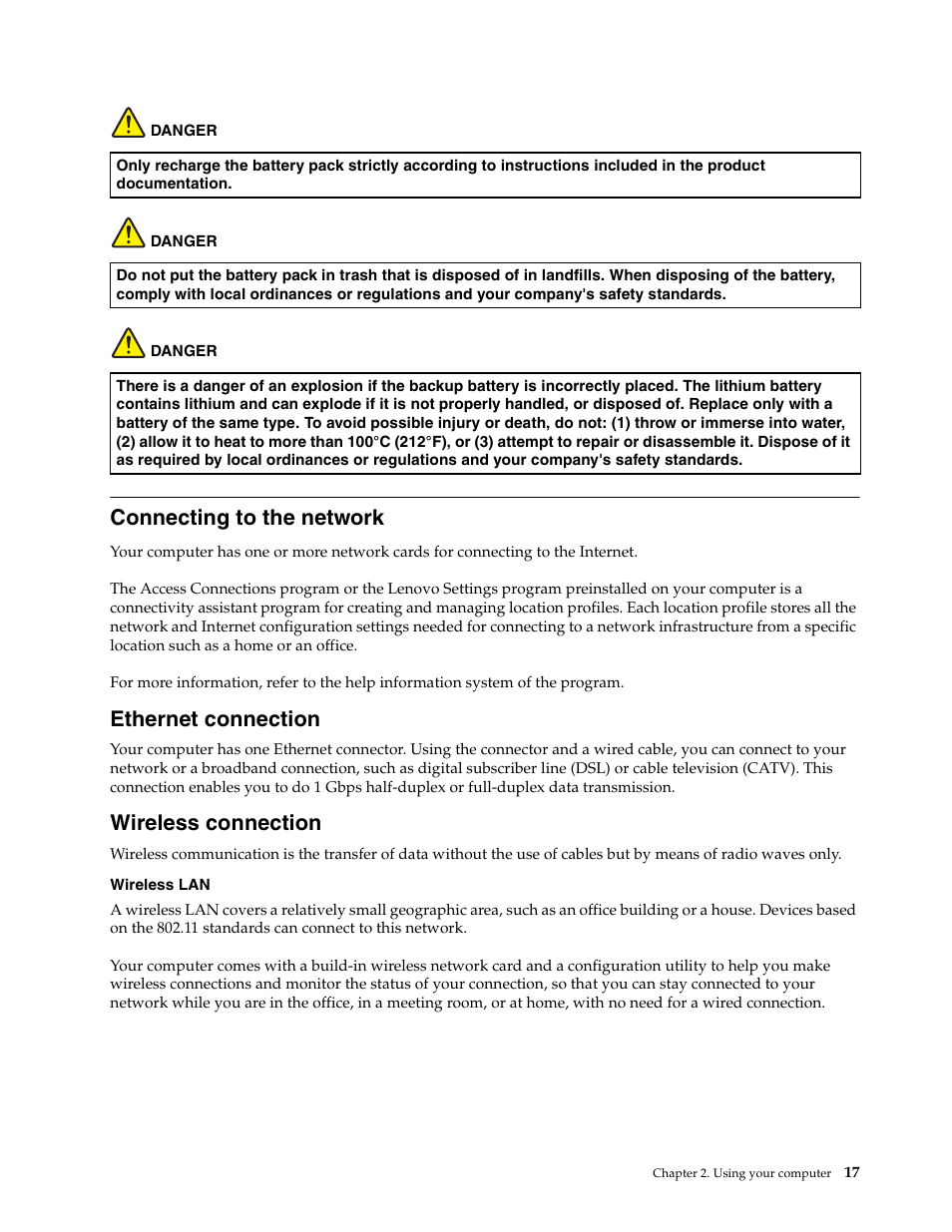 Connecting to the network, Ethernet connection wireless connection, Ethernet connection | Wireless connection | Lenovo K4450 Notebook User Manual | Page 31 / 56