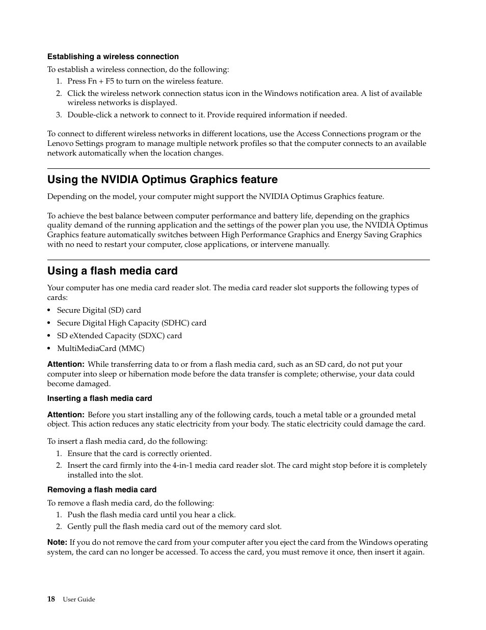 Using the nvidia optimus graphics feature, Using a flash media card | Lenovo K4450 Notebook User Manual | Page 32 / 56