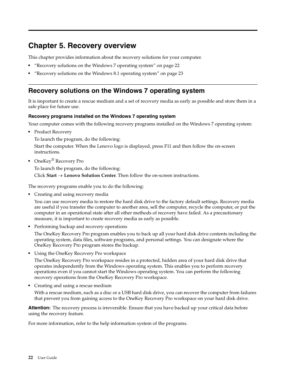 Chapter 5. recovery overview | Lenovo K4450 Notebook User Manual | Page 36 / 56