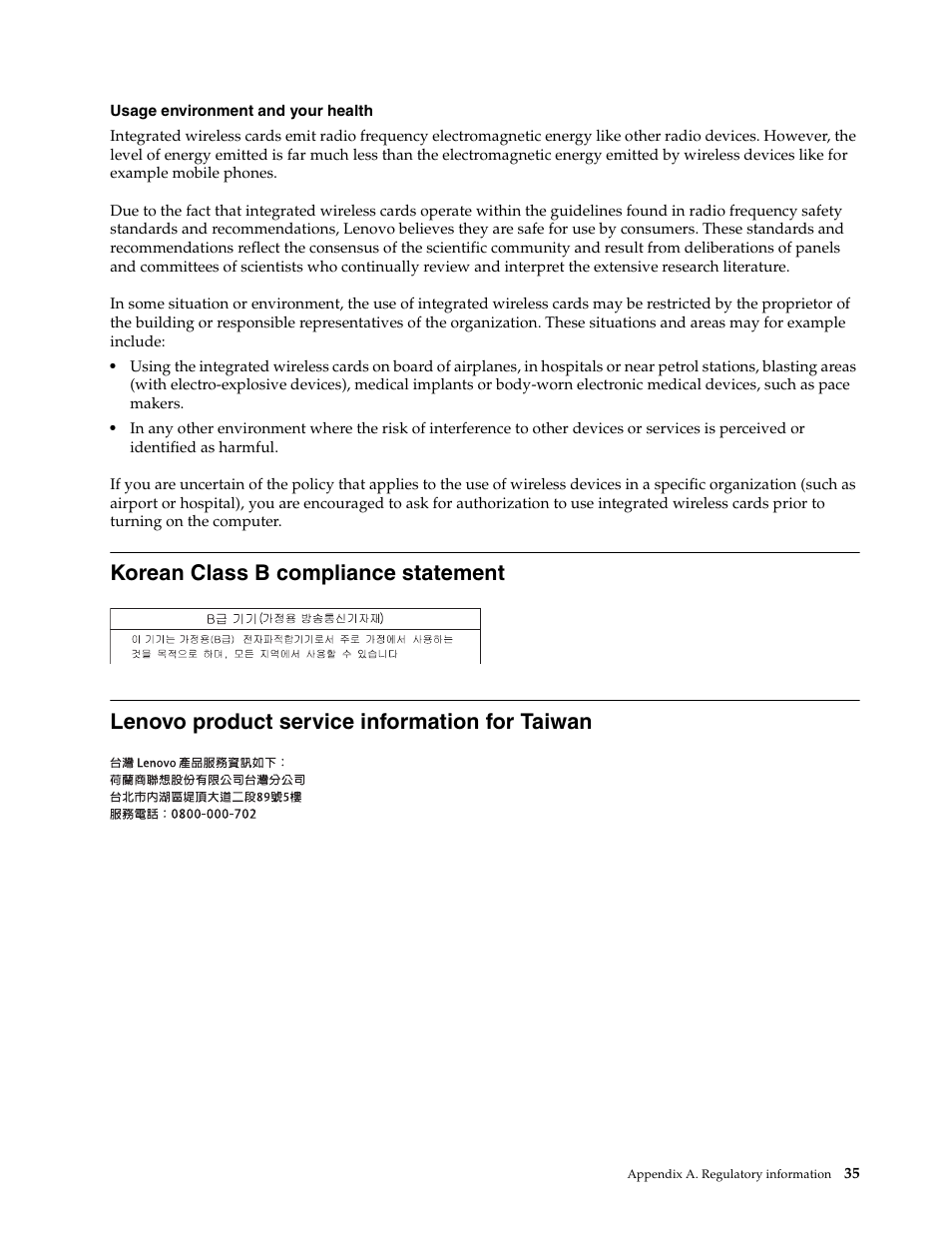 Korean class b compliance statement, Lenovo product service information for taiwan | Lenovo K4450 Notebook User Manual | Page 49 / 56