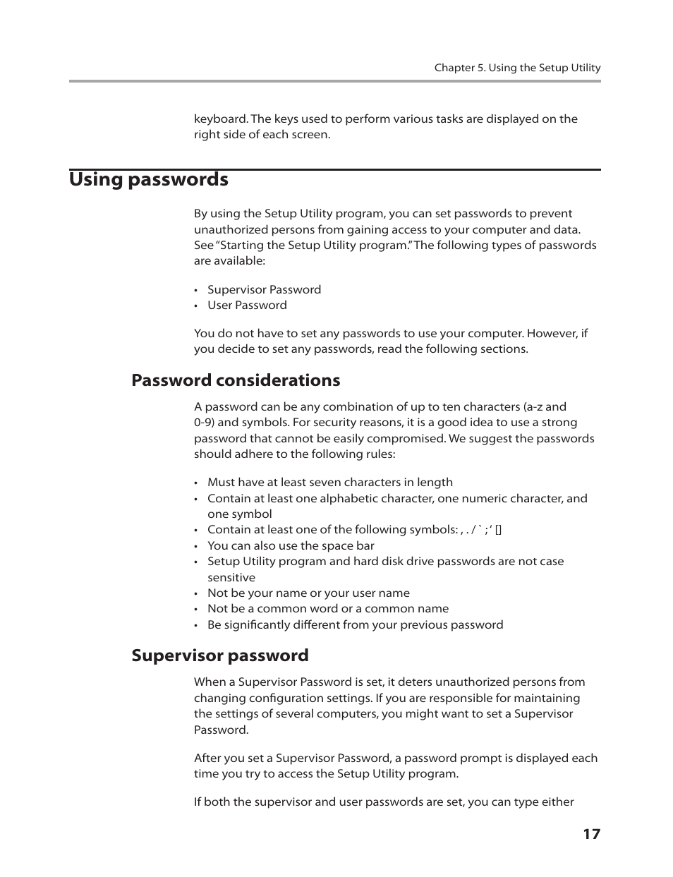 Using passwords, Password considerations, Supervisor password | Lenovo IdeaCentre K220 User Manual | Page 20 / 64