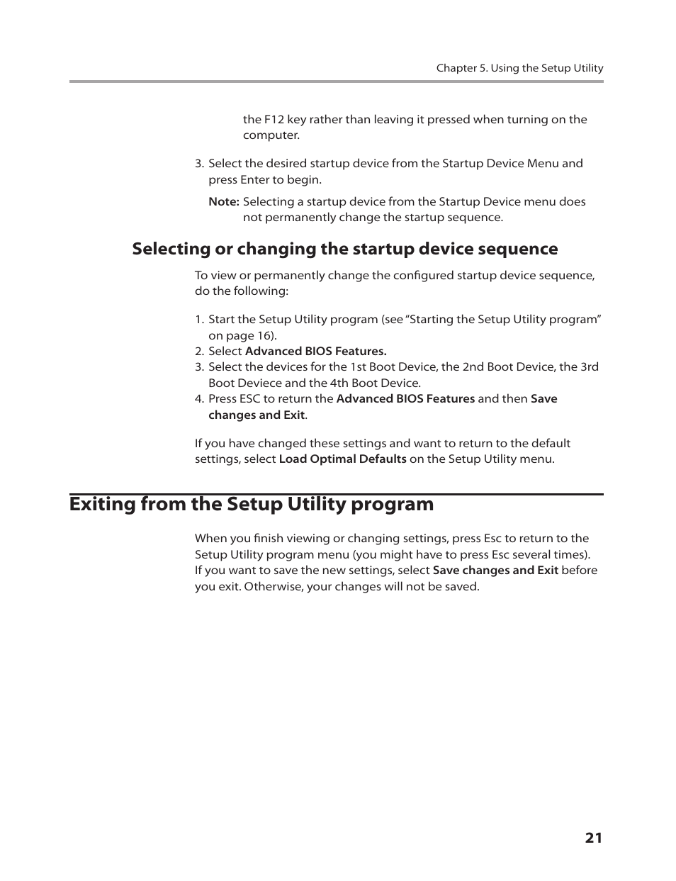 Exiting from the setup utility program, Selecting or changing the startup device sequence | Lenovo IdeaCentre K220 User Manual | Page 24 / 64