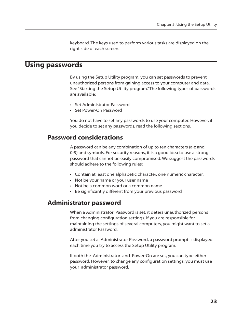 Using passwords, Password considerations, Administrator password | Lenovo IdeaCentre K220 User Manual | Page 26 / 64