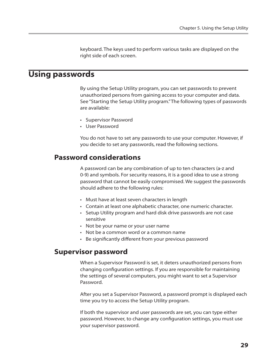 Using passwords, Password considerations, Supervisor password | Lenovo IdeaCentre K220 User Manual | Page 32 / 64