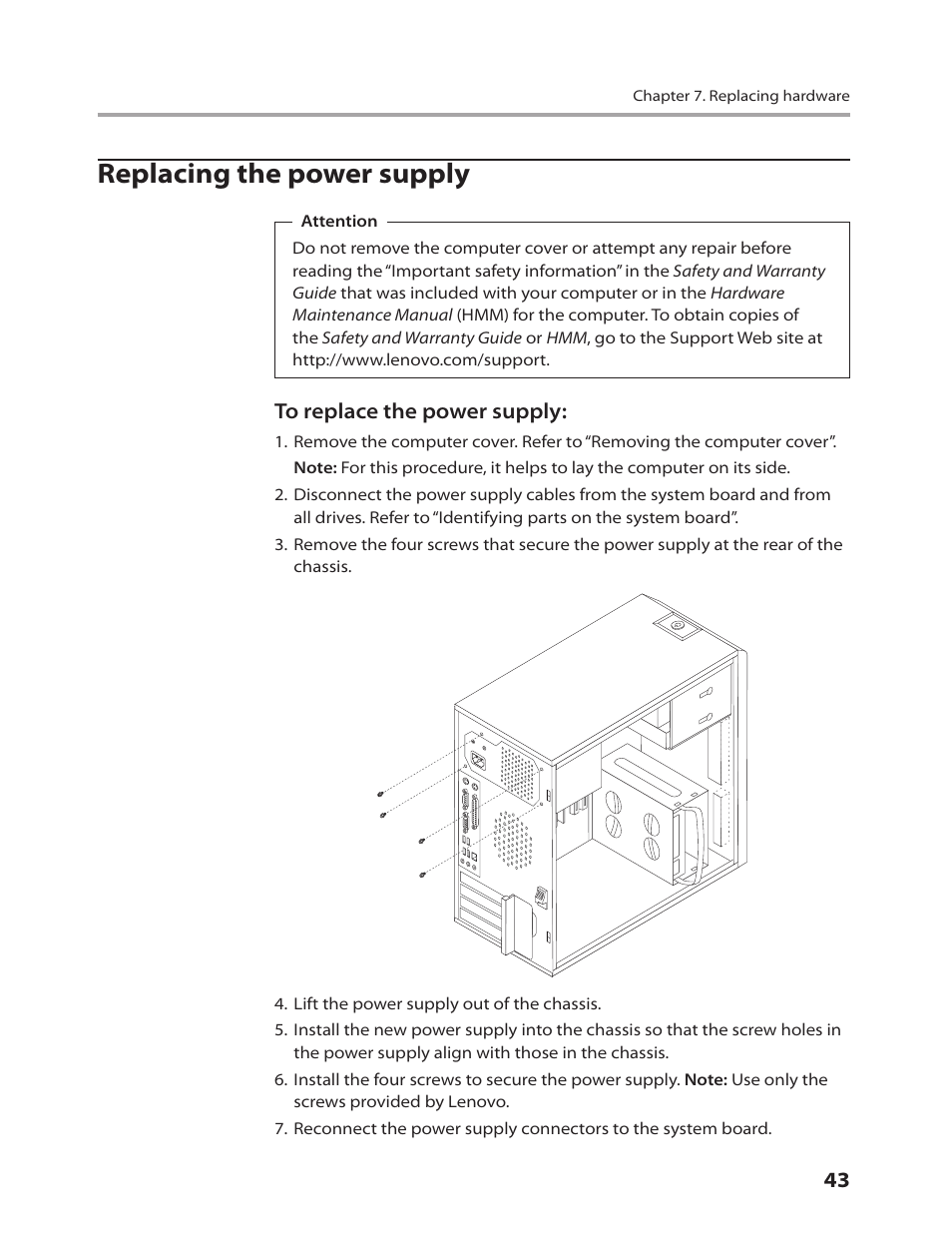 Replacing the power supply | Lenovo IdeaCentre K220 User Manual | Page 46 / 64