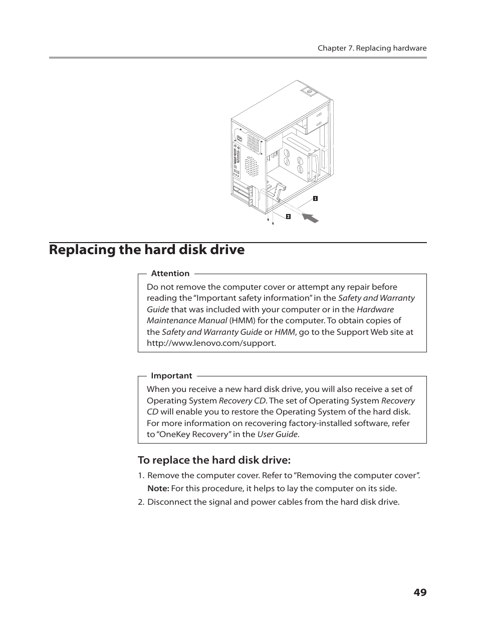 Replacing the hard disk drive | Lenovo IdeaCentre K220 User Manual | Page 52 / 64