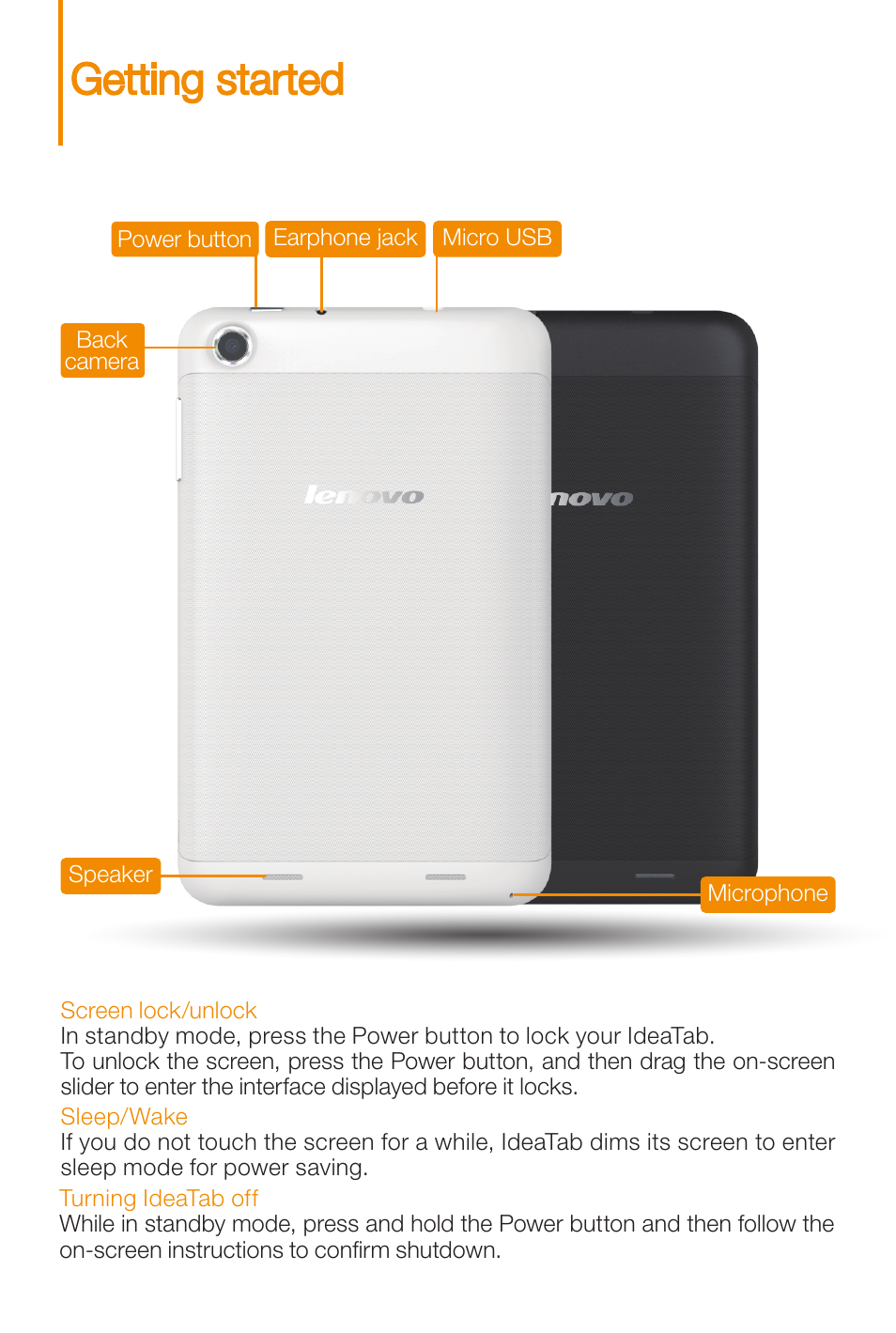 Getting started | Lenovo A3000 Tablet User Manual | Page 3 / 12