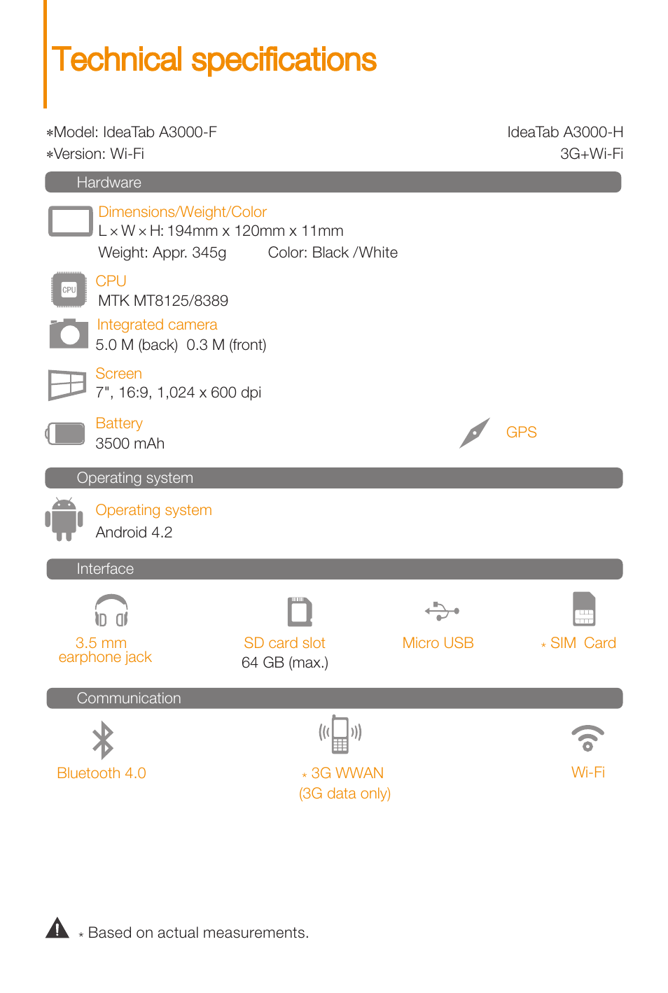 Technical specifications | Lenovo A3000 Tablet User Manual | Page 4 / 12