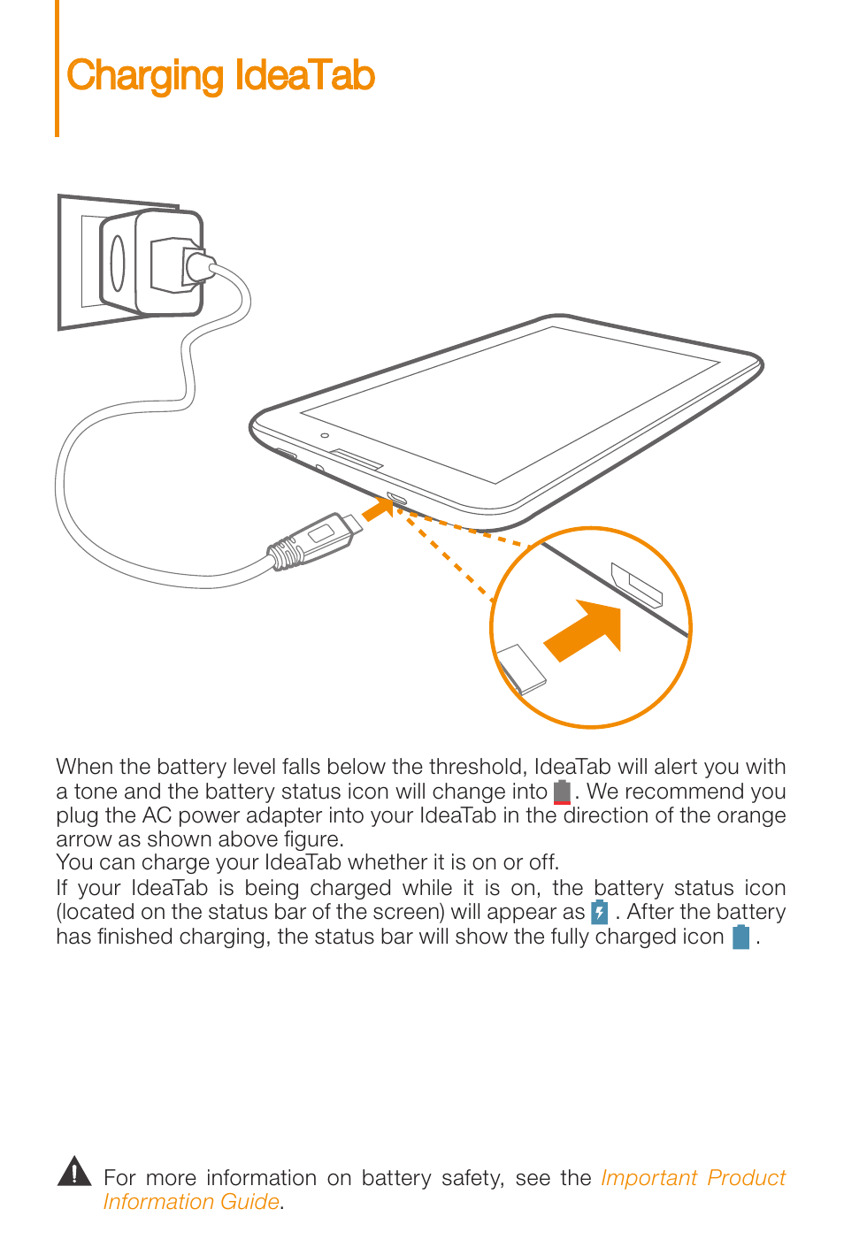 Charging ideatab | Lenovo A3000 Tablet User Manual | Page 5 / 12