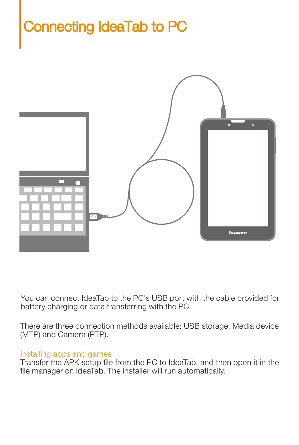 Connecting ideatab to pc | Lenovo A3000 Tablet User Manual | Page 7 / 12