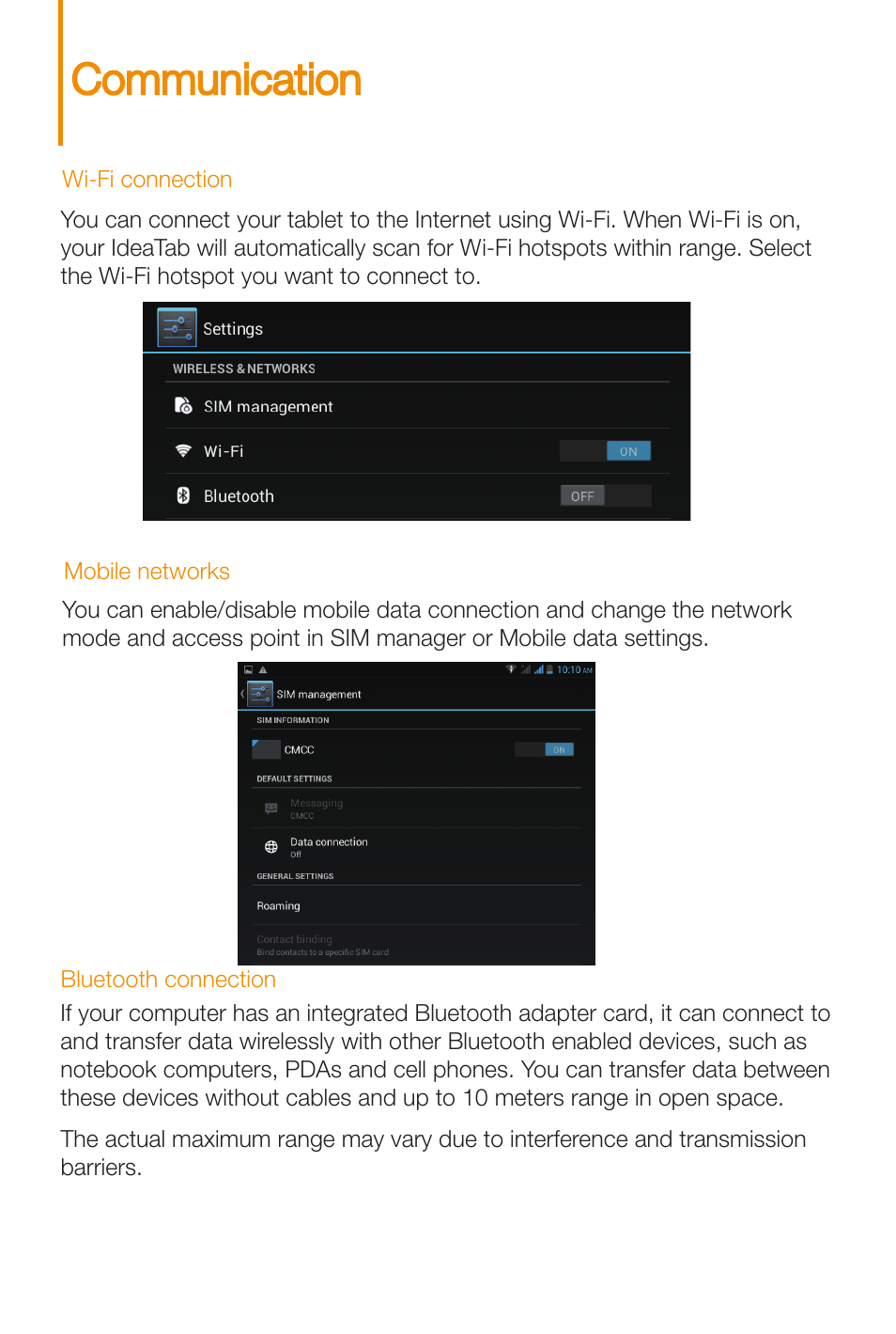 Communication | Lenovo A3000 Tablet User Manual | Page 9 / 12