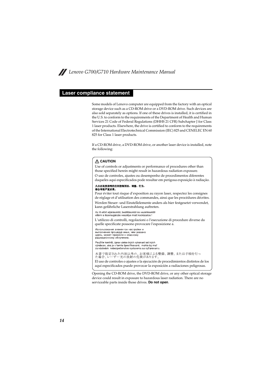 Laser compliance statement | Lenovo G710 Notebook User Manual | Page 18 / 88