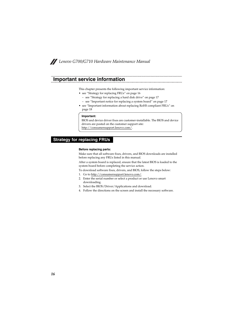 Important service information, Strategy for replacing frus | Lenovo G710 Notebook User Manual | Page 20 / 88