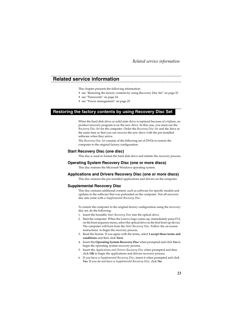 Related service information, Start recovery disc (one disc), Operating system recovery disc (one or more discs) | Supplemental recovery disc | Lenovo G710 Notebook User Manual | Page 27 / 88