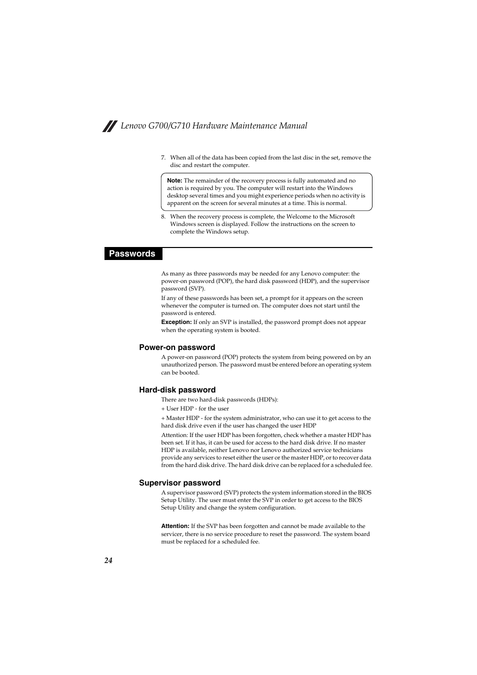 Passwords, Power-on password, Hard-disk password | Supervisor password | Lenovo G710 Notebook User Manual | Page 28 / 88