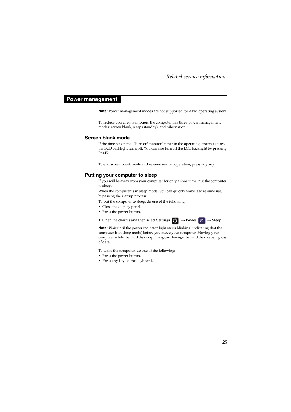 Power management, Screen blank mode, Putting your computer to sleep | Screen blank mode putting your computer to sleep, Related service information | Lenovo G710 Notebook User Manual | Page 29 / 88
