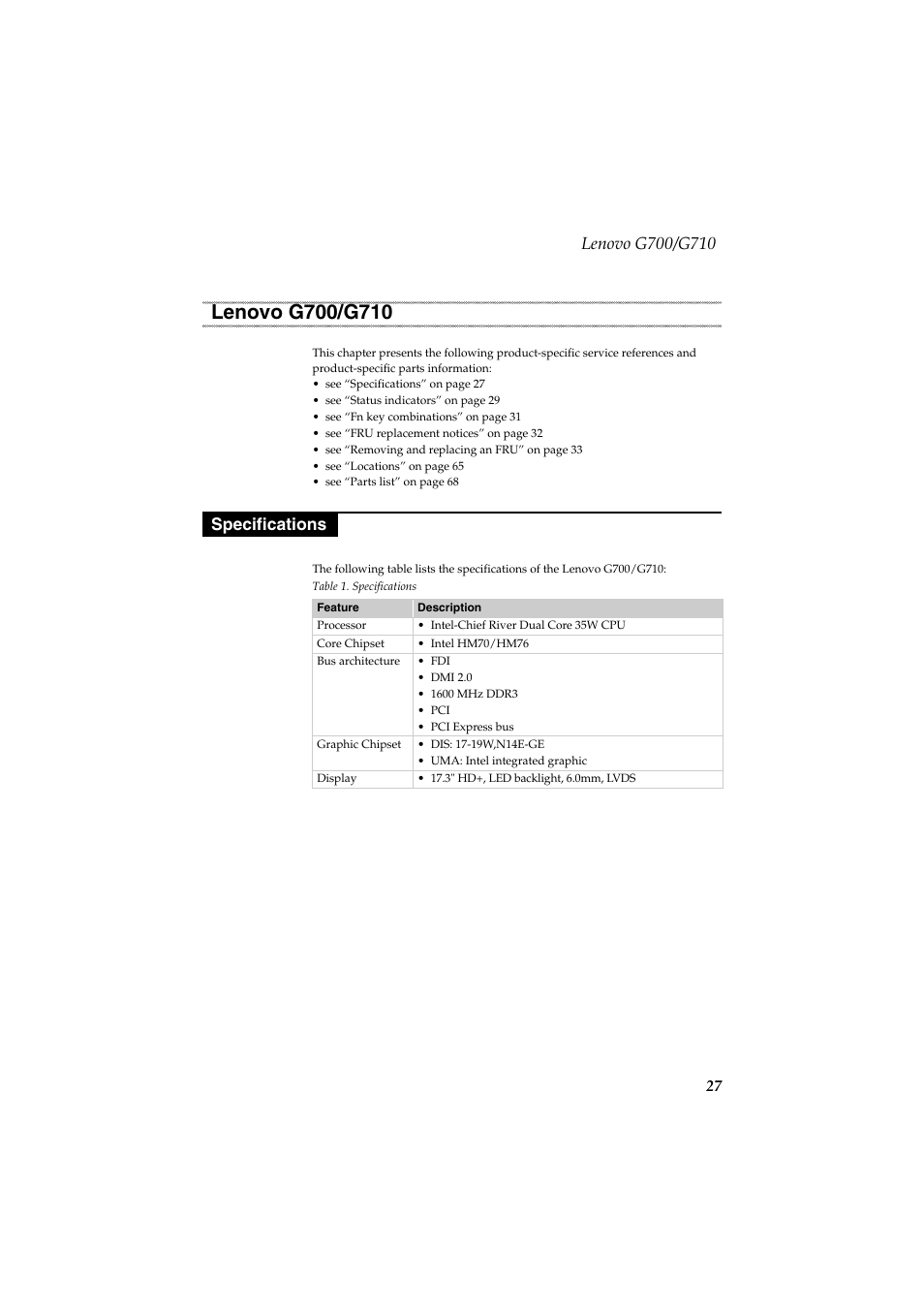 Lenovo g700/g710, Specifications, Lenovo g700/g710 specifications | Lenovo G710 Notebook User Manual | Page 31 / 88