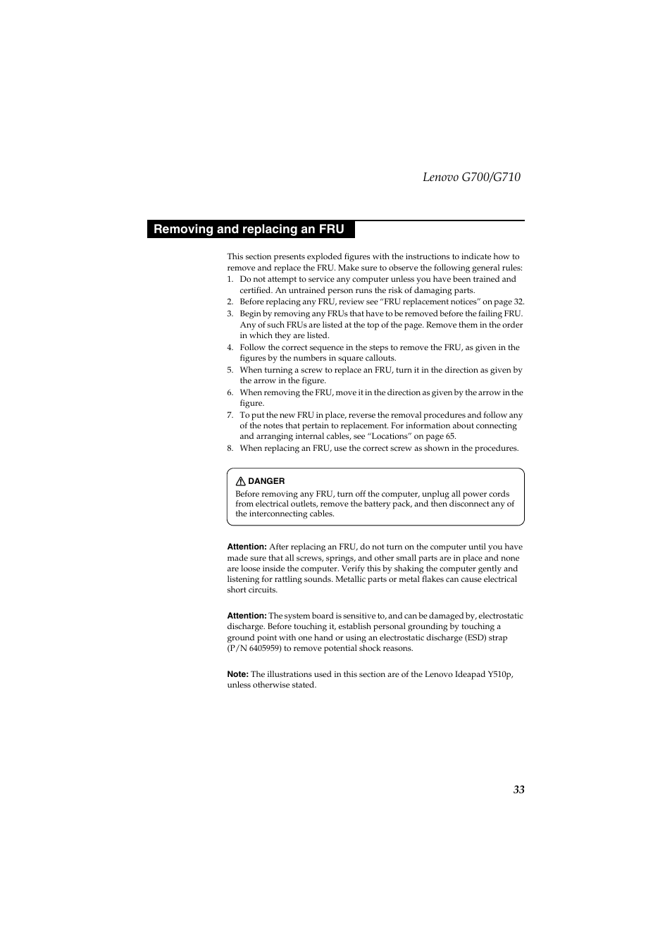 Removing and replacing an fru | Lenovo G710 Notebook User Manual | Page 37 / 88