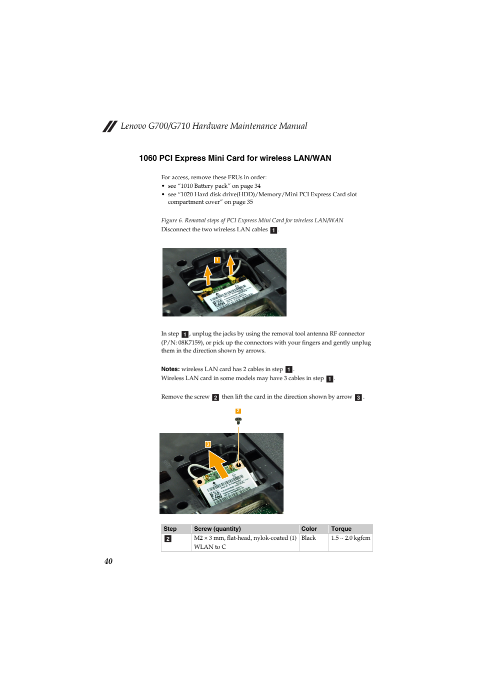 1060 pci express mini card for wireless lan/wan | Lenovo G710 Notebook User Manual | Page 44 / 88