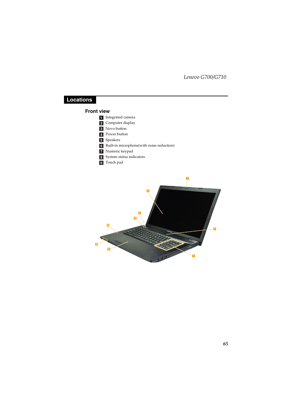 Locations, Front view, 65 front view | Lenovo G710 Notebook User Manual | Page 69 / 88