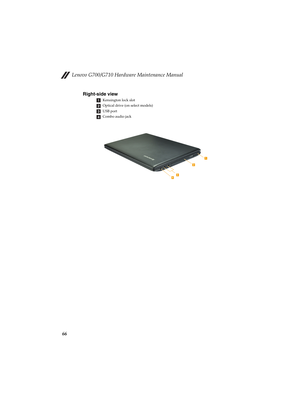 Right-side view, 66 right-side view | Lenovo G710 Notebook User Manual | Page 70 / 88