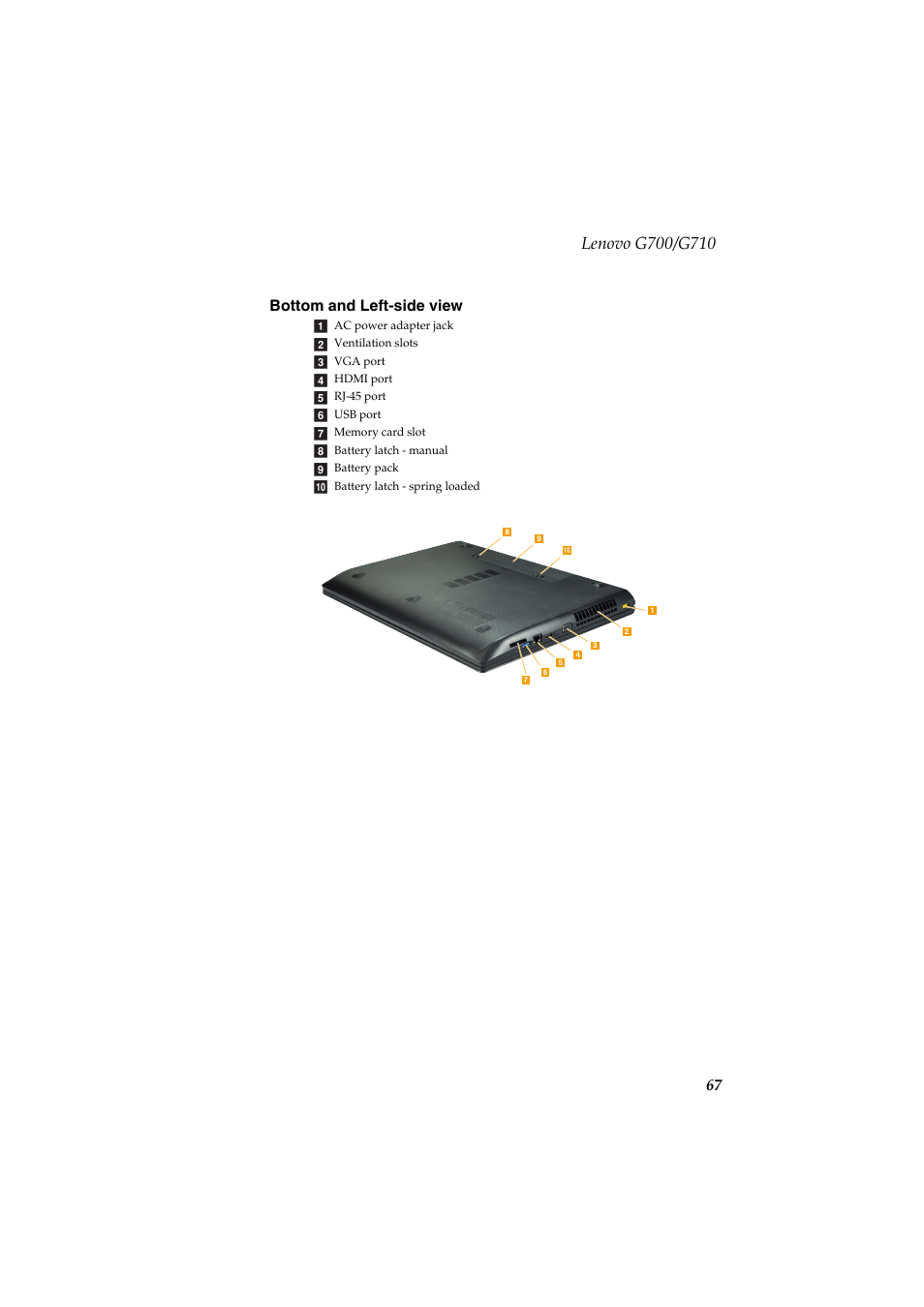 Bottom and left-side view, 67 bottom and left-side view | Lenovo G710 Notebook User Manual | Page 71 / 88