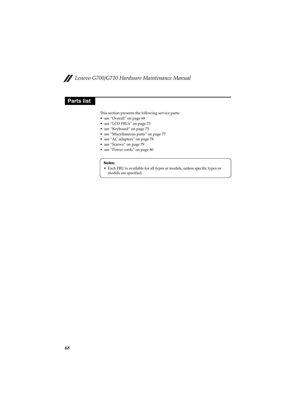 Parts list | Lenovo G710 Notebook User Manual | Page 72 / 88