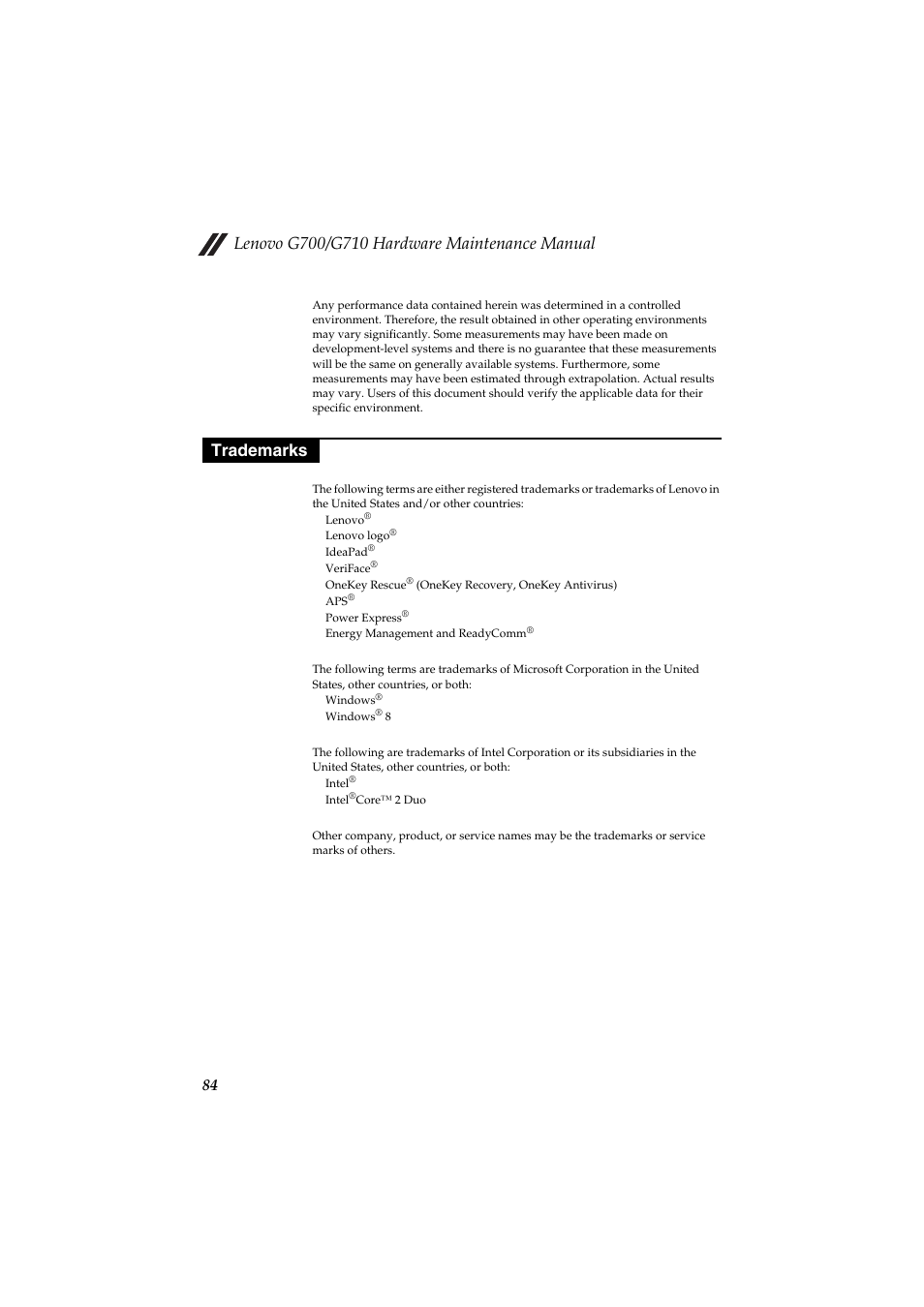 Trademarks | Lenovo G710 Notebook User Manual | Page 88 / 88