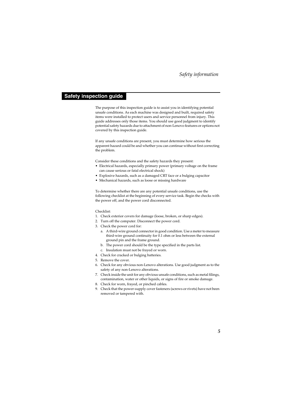 Safety inspection guide, Safety information | Lenovo G710 Notebook User Manual | Page 9 / 88