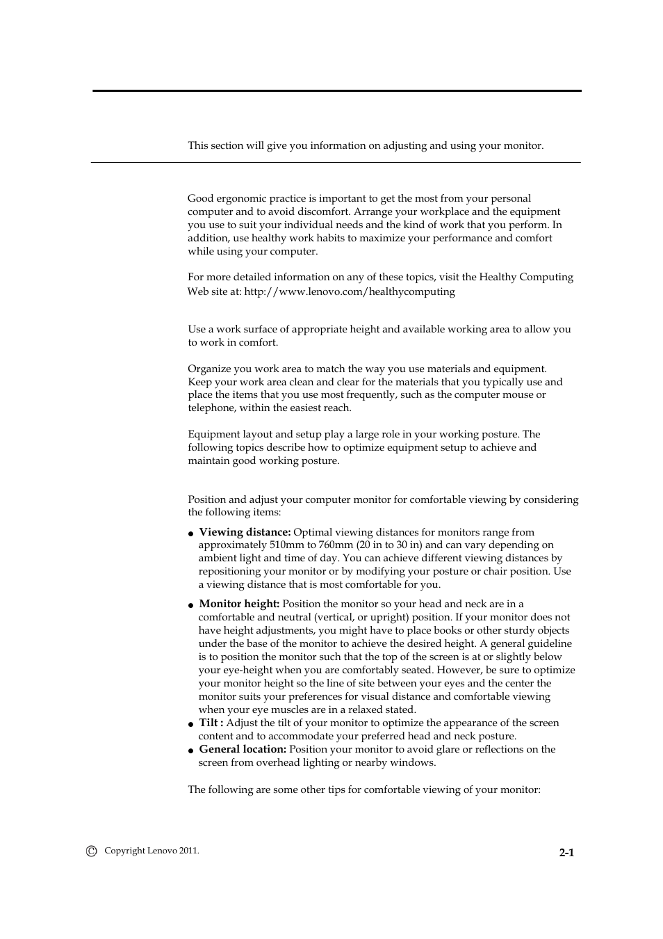 Chapter 2. adjusting and using your monitor, Comfort and accessibility, Arranging your work area | Positioning and viewing your monitor | Lenovo LT1421 Wide Flat Panel Monitor User Manual | Page 11 / 34