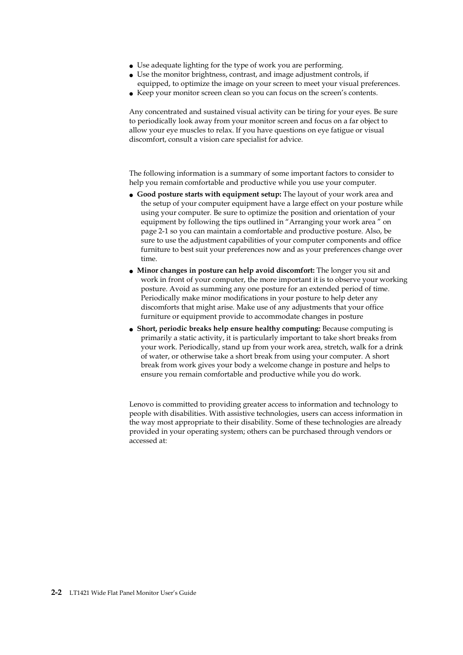 Quick tips for healthy work habits, Accessibility information | Lenovo LT1421 Wide Flat Panel Monitor User Manual | Page 12 / 34