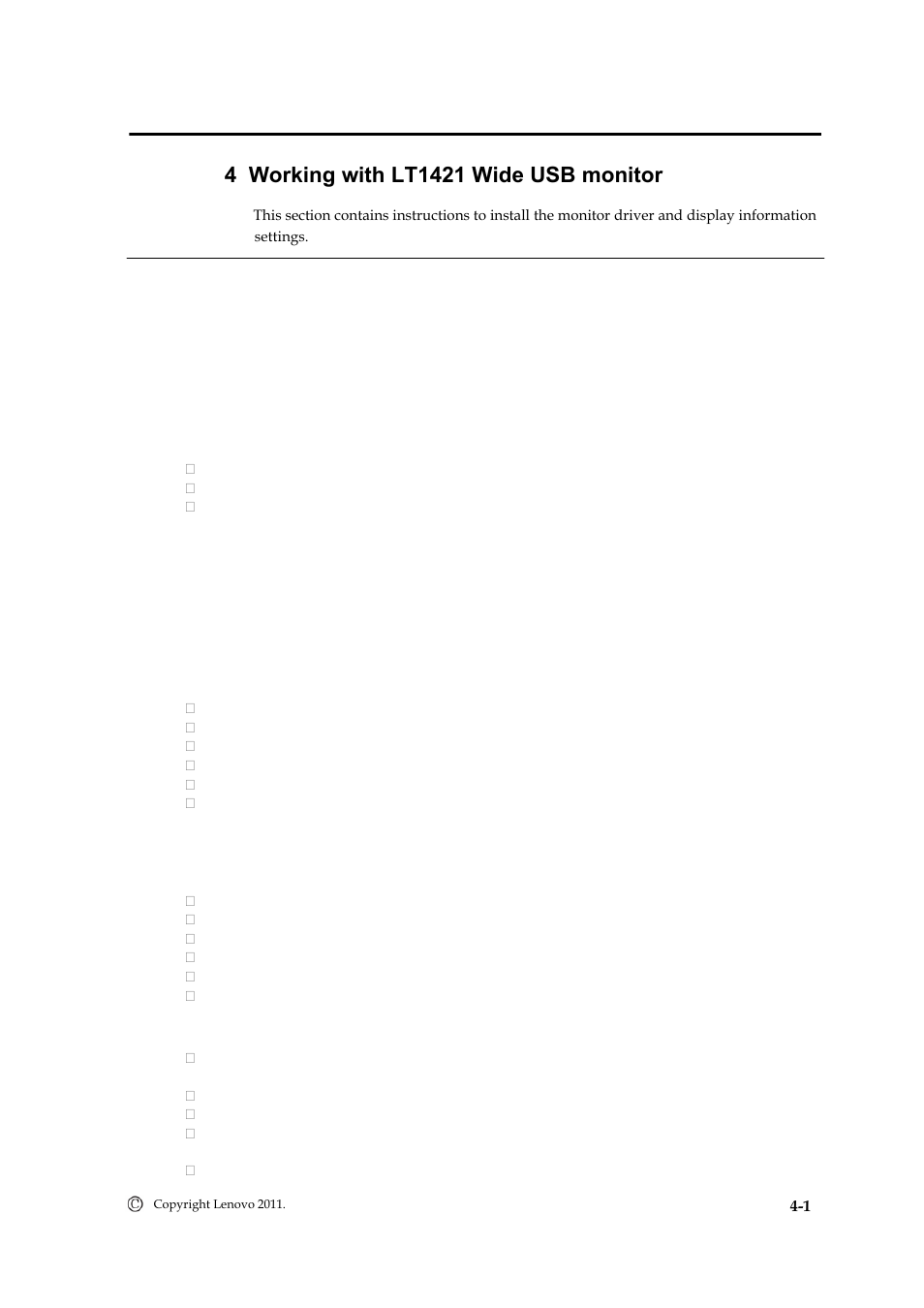 Chapter 4. working with lt1421 wide usb monitor, Driver installation | Lenovo LT1421 Wide Flat Panel Monitor User Manual | Page 17 / 34