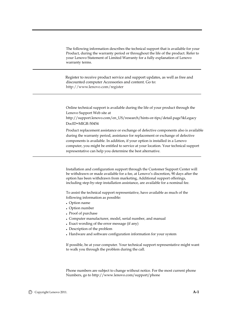 Appendix a. service and support, Registering your option, Online technical support | Telephone technical support, Worldwide telephone list | Lenovo LT1421 Wide Flat Panel Monitor User Manual | Page 27 / 34