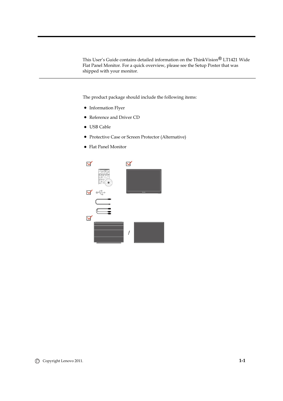 Chapter 1. getting started, Shipping contents | Lenovo LT1421 Wide Flat Panel Monitor User Manual | Page 5 / 34