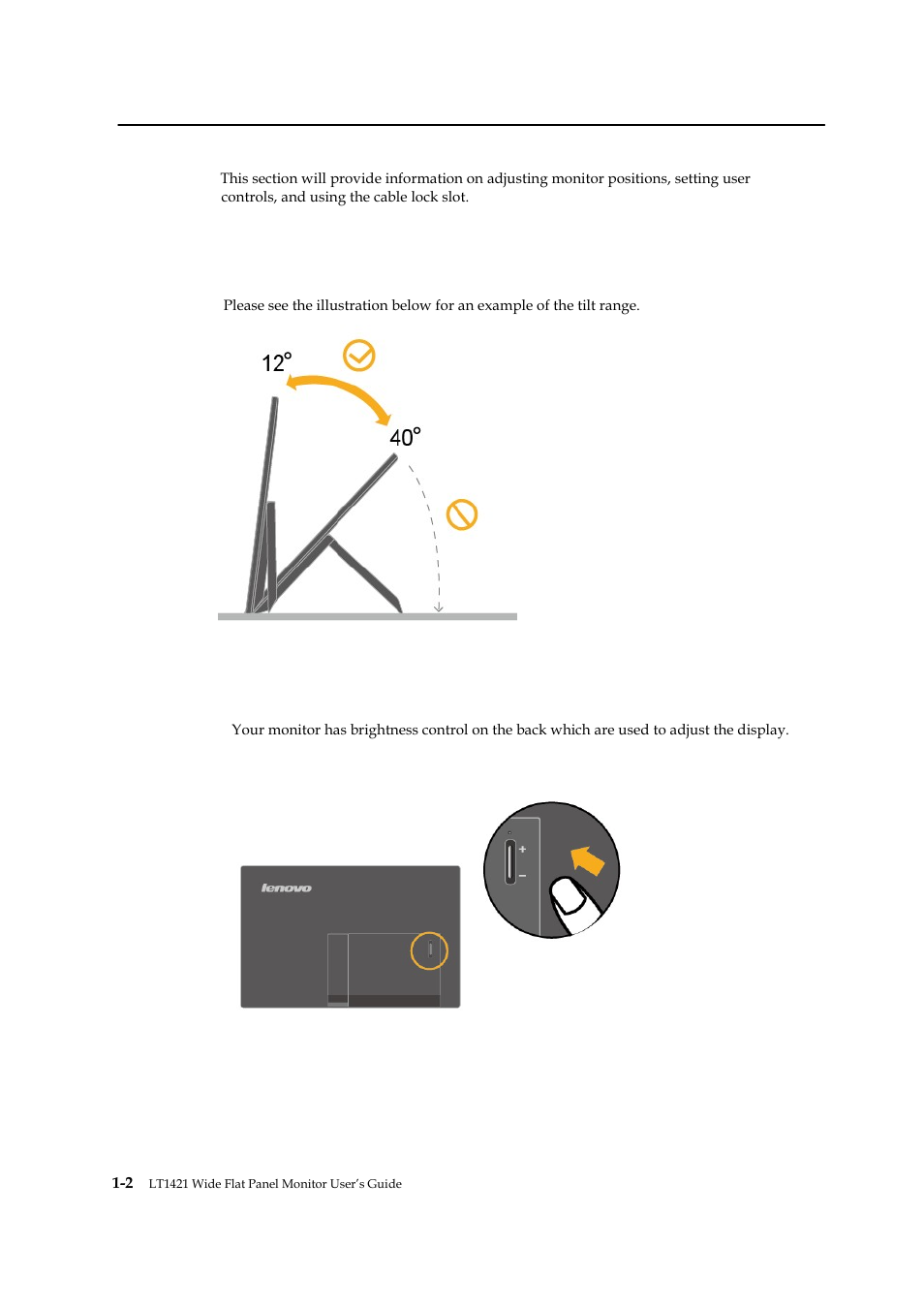 Product overview, Types of adjustments, User controls | Lenovo LT1421 Wide Flat Panel Monitor User Manual | Page 6 / 34