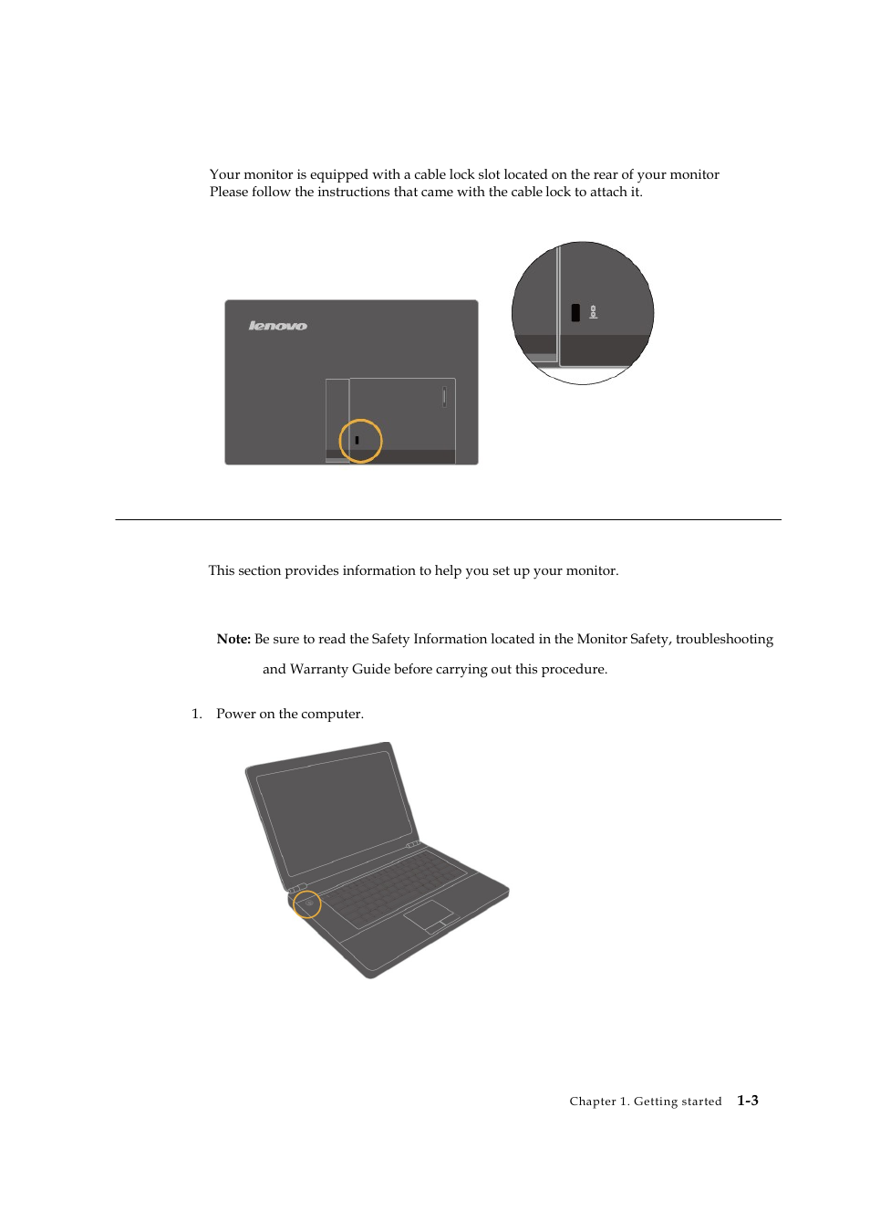 Cable lock slot, Setting up your monitor, Connecting and turning on your monitor | Lenovo LT1421 Wide Flat Panel Monitor User Manual | Page 7 / 34