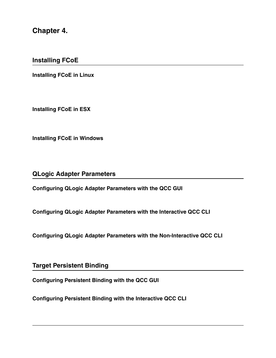 Chapter 4. configuring fcoe, Installing fcoe, Installing fcoe in linux | Installing fcoe in esx, Installing fcoe in windows, Qlogic adapter parameters, Target persistent binding, Configuring persistent binding with the qcc gui, The configuring fcoe s | Lenovo ThinkServer RD540 User Manual | Page 111 / 132