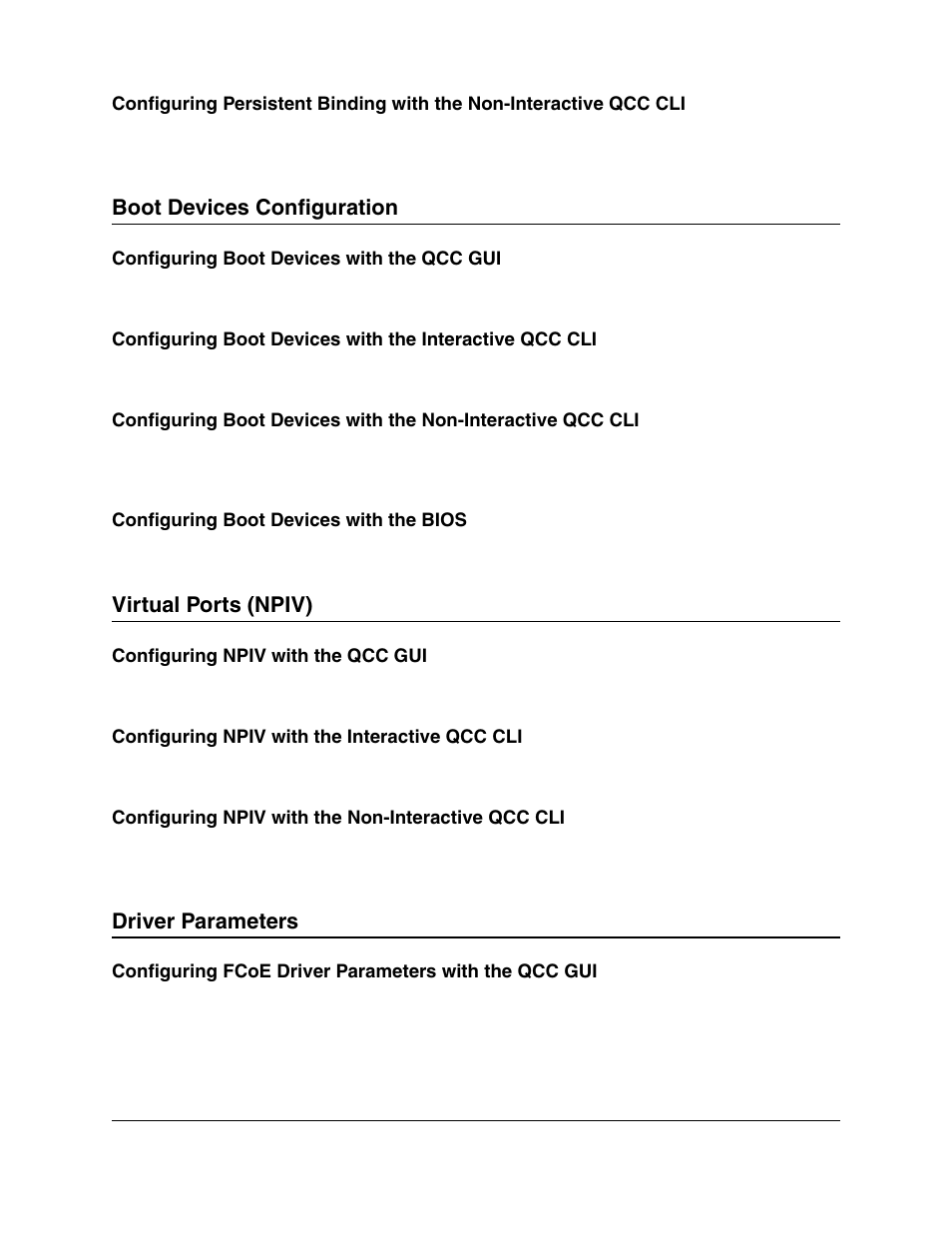 Boot devices configuration, Configuring boot devices with the qcc gui, Configuring boot devices with the bios | Virtual ports (npiv), Configuring npiv with the qcc gui, Configuring npiv with the interactive qcc cli, Configuring npiv with the non-interactive qcc cli, Driver parameters | Lenovo ThinkServer RD540 User Manual | Page 112 / 132