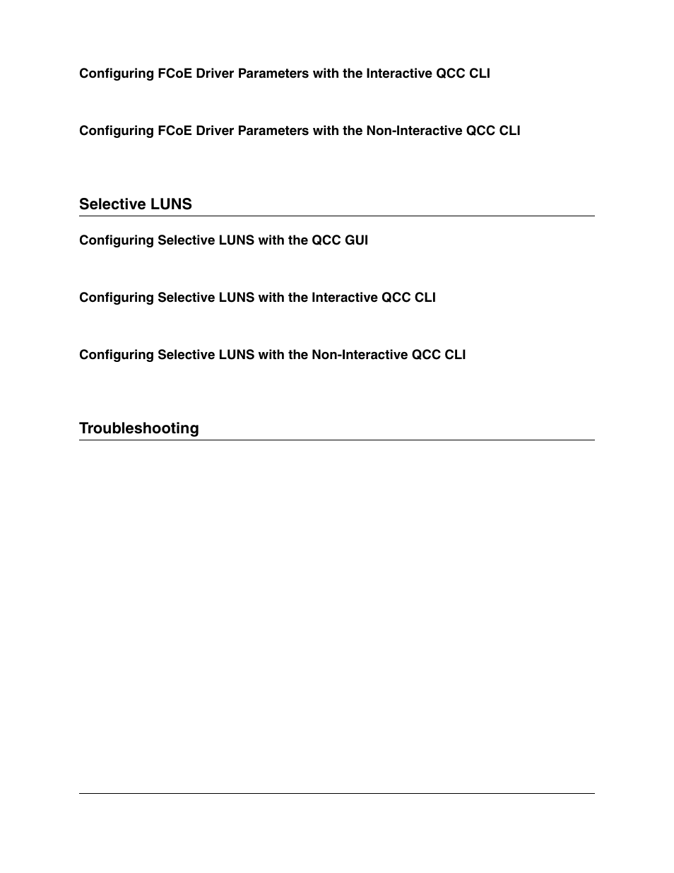 Selective luns, Configuring selective luns with the qcc gui, Troubleshooting | Fcoe diagnostics using qcc gui, Fcoe diagnostics using interactive qcc cli | Lenovo ThinkServer RD540 User Manual | Page 113 / 132