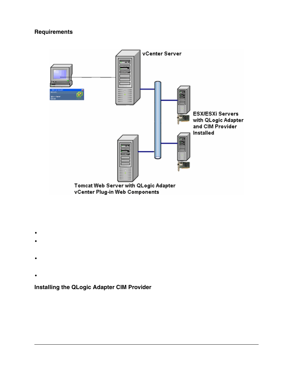 Requirements, Esx/esxi server, Vcenter server | Tomcat web server, Installing the qlogic adapter cim provider, Esx/esxi server vcenter server tomcat web server | Lenovo ThinkServer RD540 User Manual | Page 27 / 132