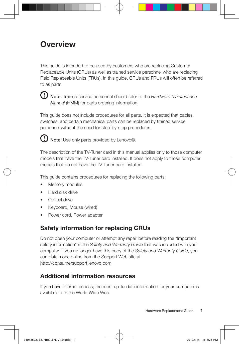 Overview, Safety information for replacing crus, Additional information resources | Lenovo IdeaCentre B305 User Manual | Page 4 / 23