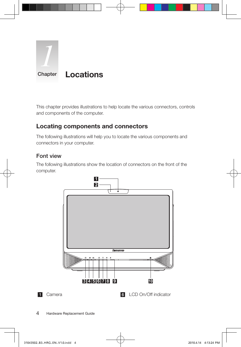 Locations, Locating components and connectors, Font view | Lenovo IdeaCentre B305 User Manual | Page 7 / 23
