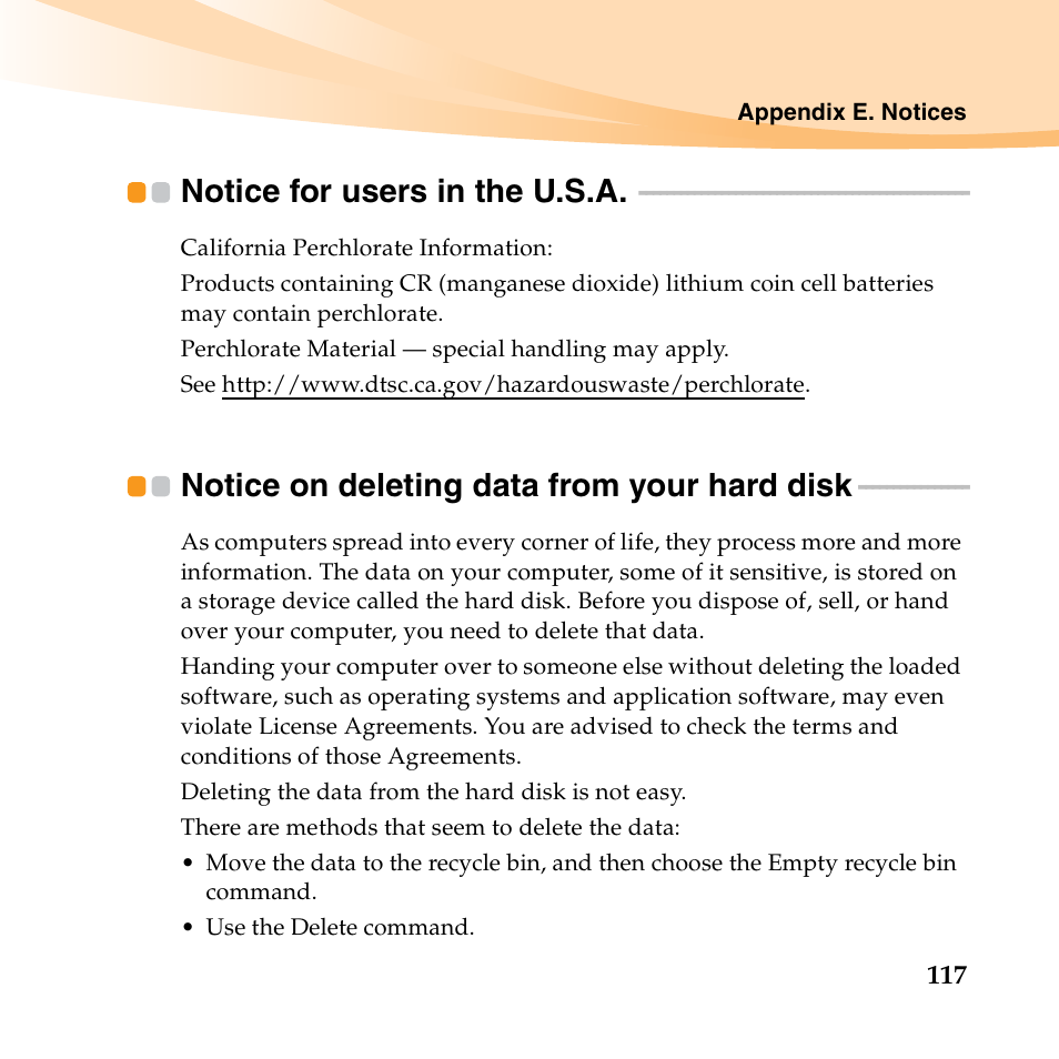 Notice for users in the u.s.a, Notice on deleting data from your hard disk | Lenovo IdeaPad S10-2 User Manual | Page 132 / 140