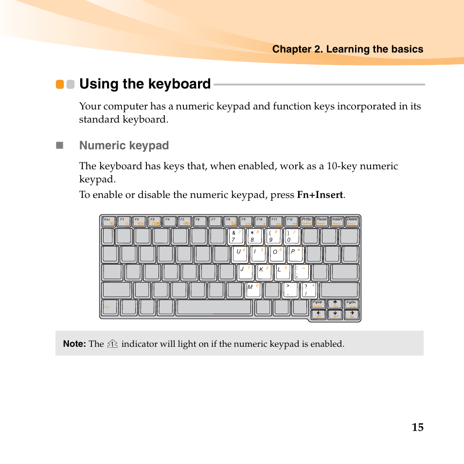 Using the keyboard, Numeric keypad, Chapter 2. learning the basics | Lenovo IdeaPad S10-2 User Manual | Page 30 / 140