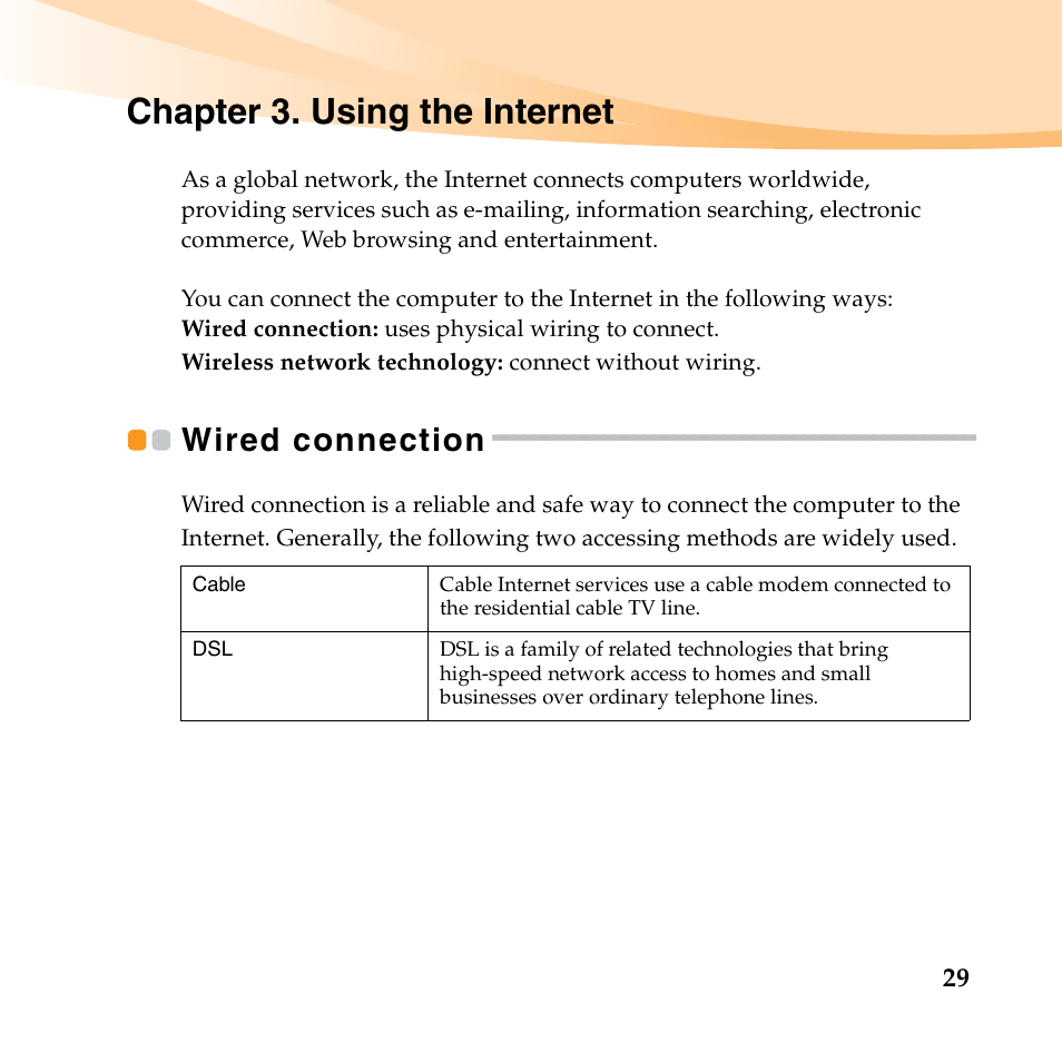 Chapter 3. using the internet, Wired connection | Lenovo IdeaPad S10-2 User Manual | Page 44 / 140