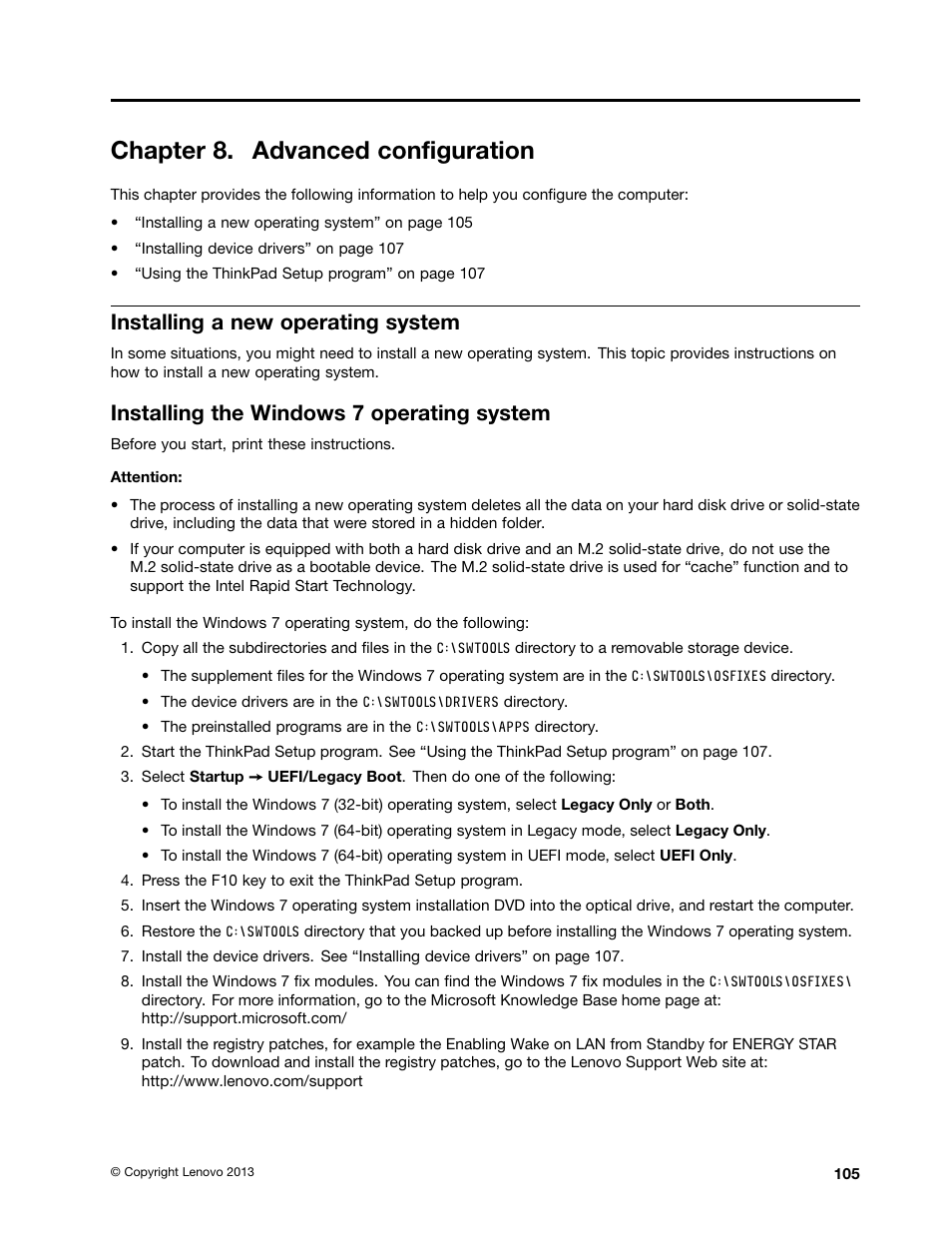 Chapter 8. advanced configuration, Installing a new operating system, Installing the windows 7 operating system | Lenovo ThinkPad T540p User Manual | Page 121 / 186