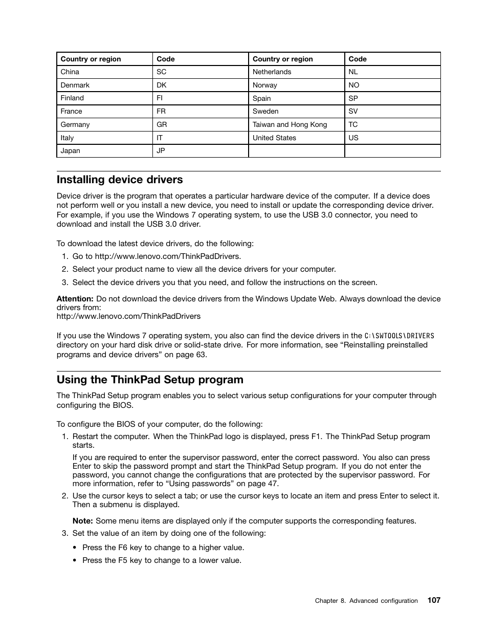 Installing device drivers, Using the thinkpad setup program | Lenovo ThinkPad T540p User Manual | Page 123 / 186