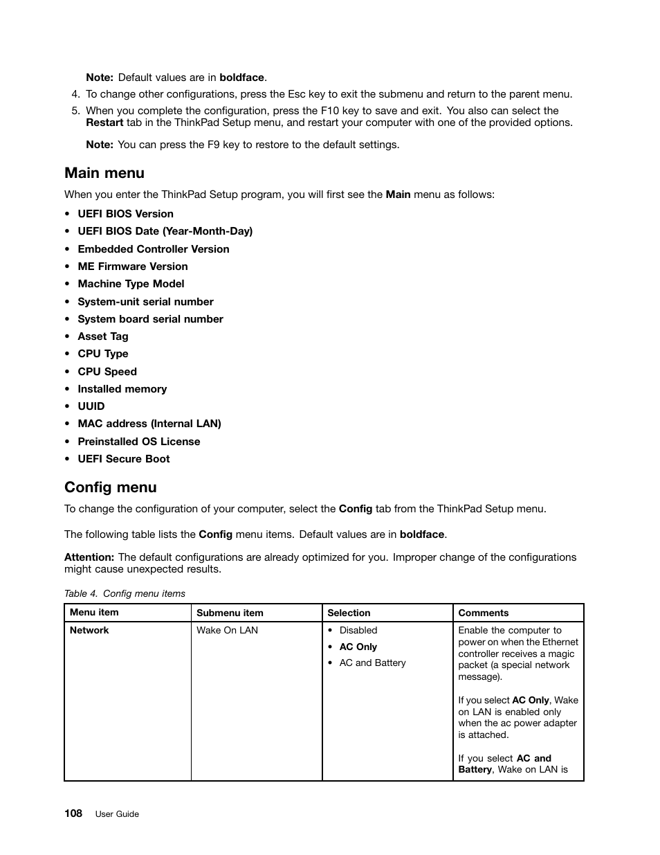Main menu, Config menu | Lenovo ThinkPad T540p User Manual | Page 124 / 186