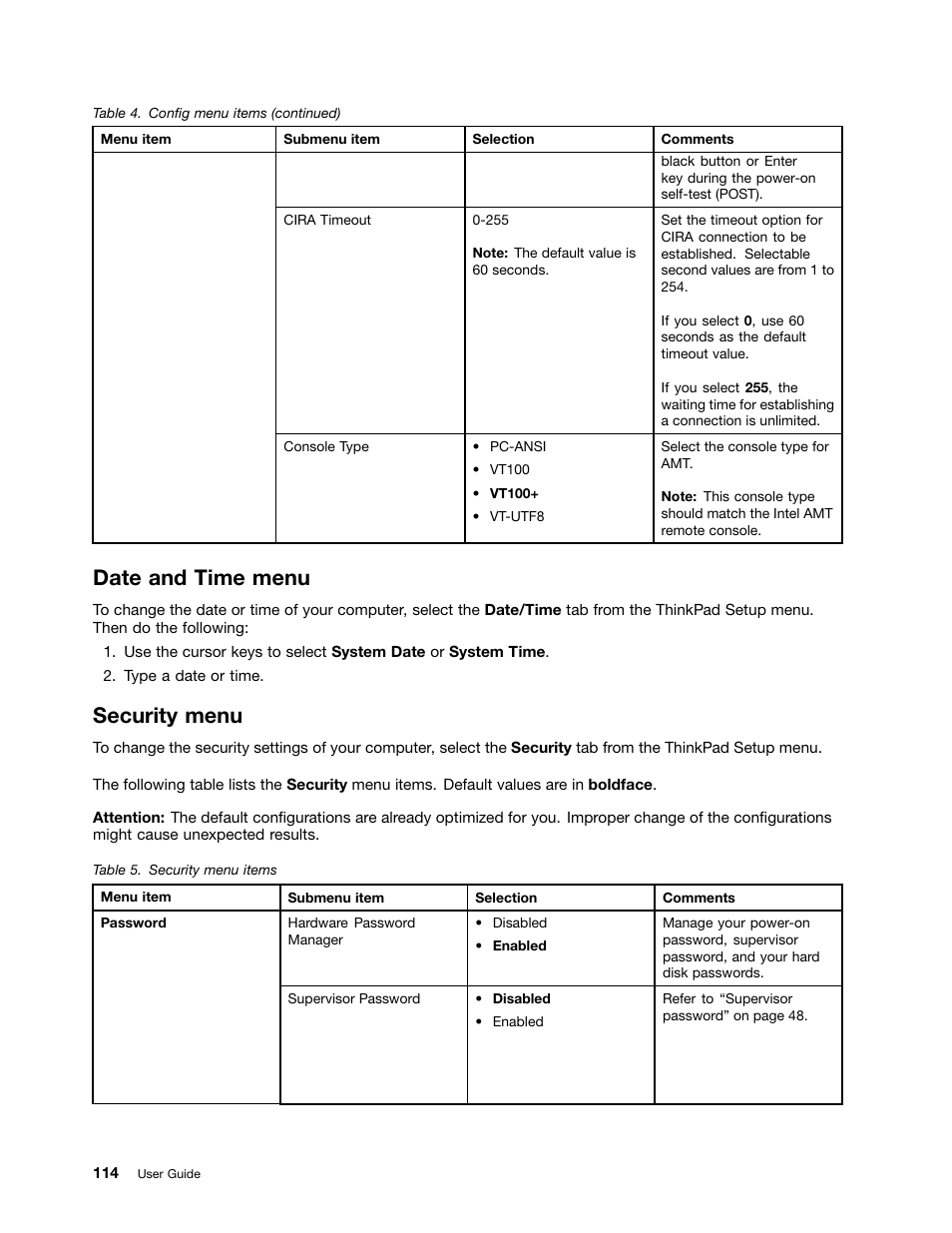 Date and time menu, Security menu | Lenovo ThinkPad T540p User Manual | Page 130 / 186