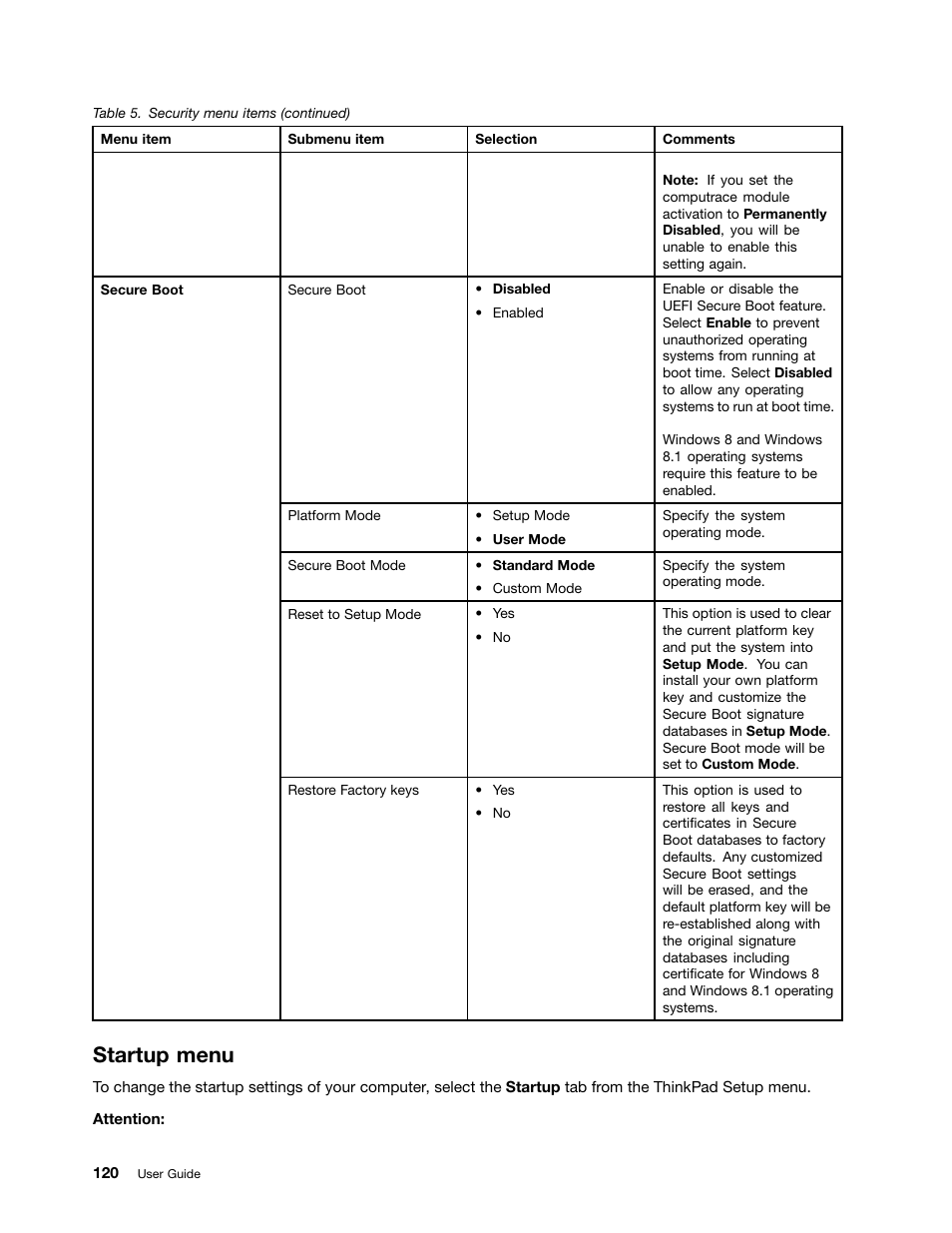 Startup menu | Lenovo ThinkPad T540p User Manual | Page 136 / 186